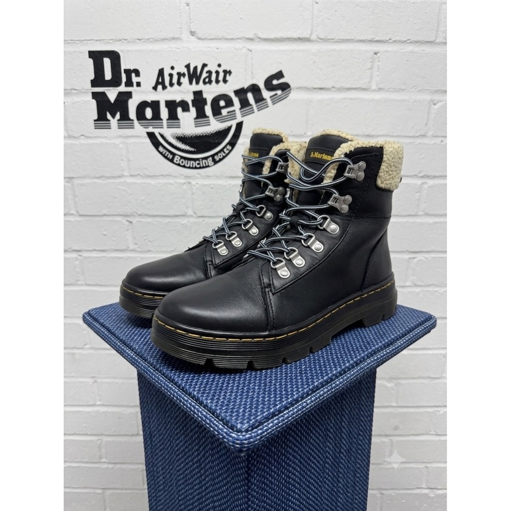 Dr. Martens Combs W FL Black Leather Faux Fur Lined Lace Up Boots Womens 8
